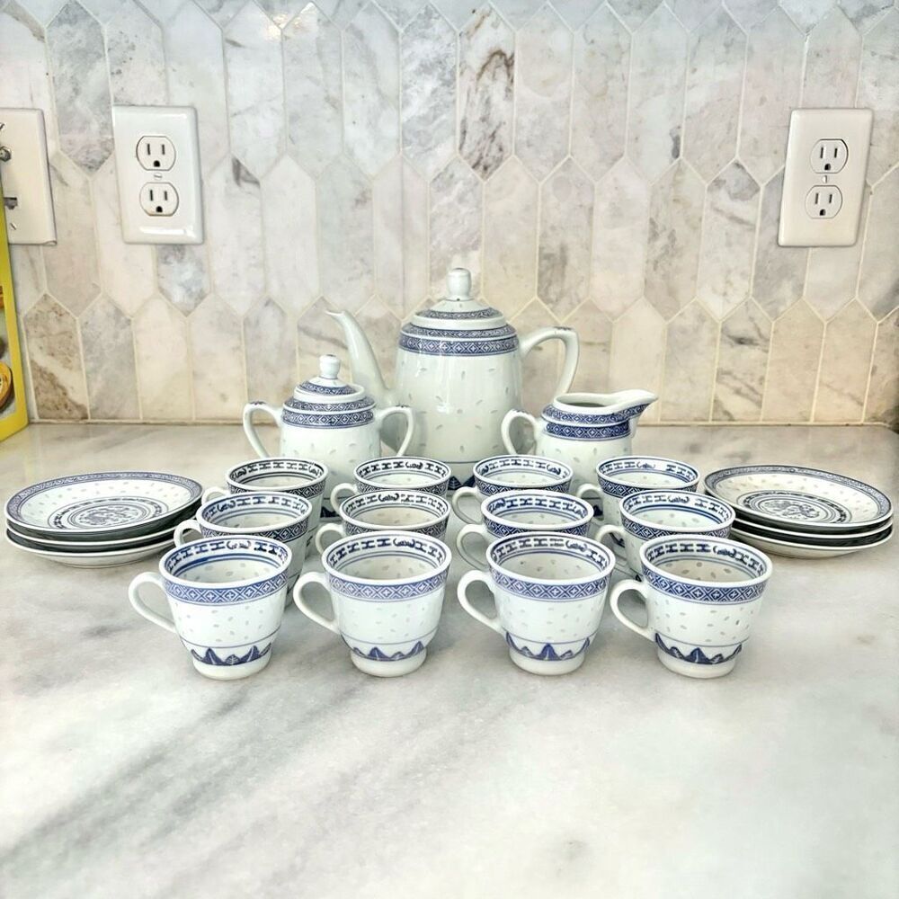 Vintage Chinese Tea Set Blue White Rice Porcelain MINT